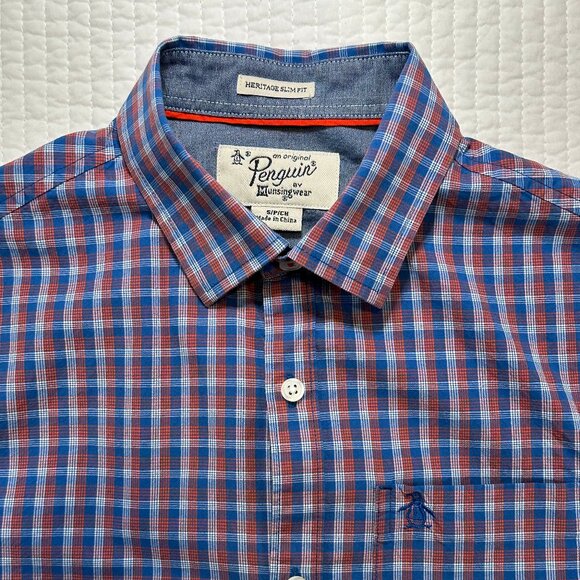 Original Penguin Blue Red Plaid Button Down Heritage Slim Fit Shirt Mens Size S - Picture 2 of 10